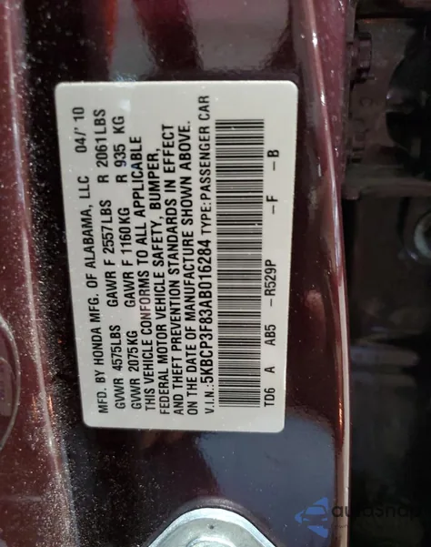 2010 Honda Accord Exl z USA, uszkodzony, nr VIN 5KBCP3F83AB016284